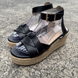 Maker's Espadrille Sandal Womens Size 9 Black Vegan Leather Platform Wedge Shoes